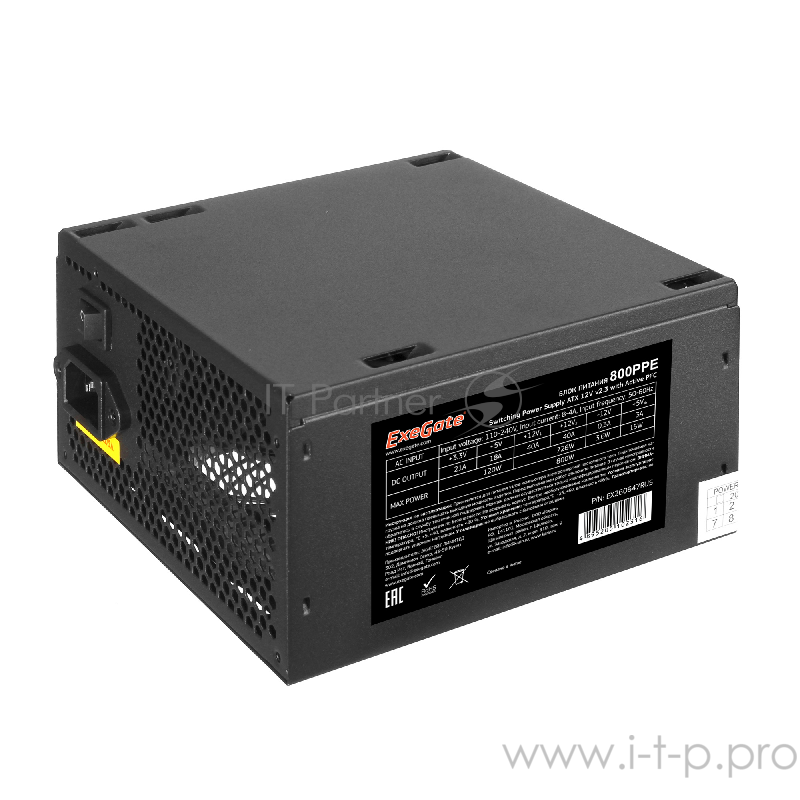 Блок питания 800W ExeGate 800PPE, ATX, PC, black, APFC, 12cm, 24p+(4+4)p, PCI-E, 3*IDE, 5*SATA, FDD + кабель 220V в комплекте