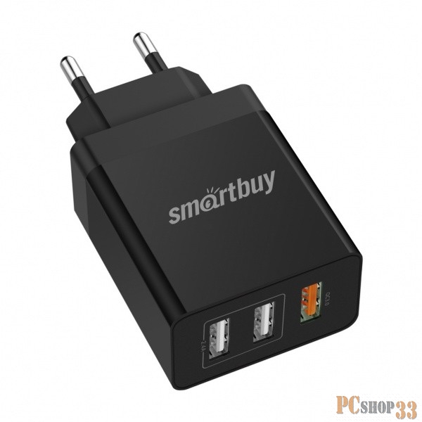 Сетевое зарядное устройство Smartbuy Flash SBP-3030, 2x2.4 А + 1xQC 3.0, 3 USB, черный
