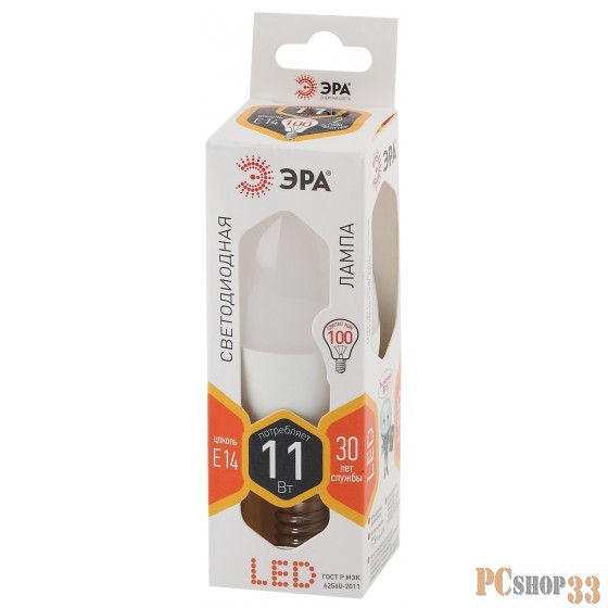 ЭРА Б0032980 Светодиодная лампа свеча LED B35-11W-827-E14 ЭРА (диод, свеча, 11Вт, тепл, E14) (10/100/3500)