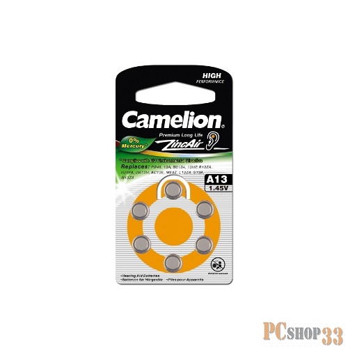 Camelion ZA13 BL-6 Mercury Free (A13-BP6(0%Hg), батарейка для слуховых аппаратов, 1.4 V,280mAh) (6 шт. в уп-ке)