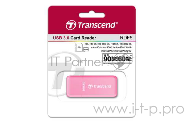 Устройство чтения/записи флеш карт Transcend RDF5, SD/microSD, USB 3.0, Розовый