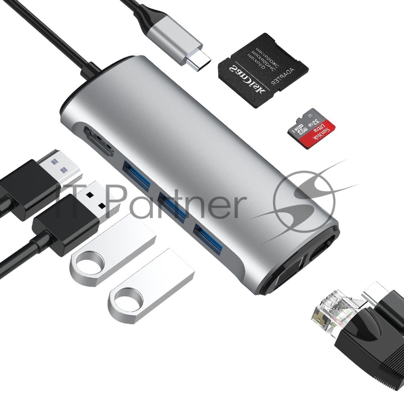 Кабель-адаптер USB3.1 Type-CM-->HDMI 4K*60Hz +3USB3.0+RJ45+TF+SD+PD charging VCOM <CU463>