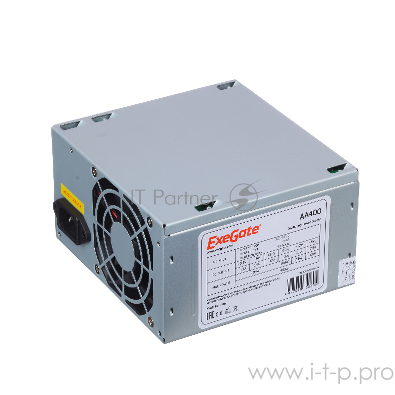 Блок питания 400W ExeGate AA400, ATX, PC, 8cm fan, 24p+4p, 2*SATA, 1*IDE + кабель 220V в комплекте