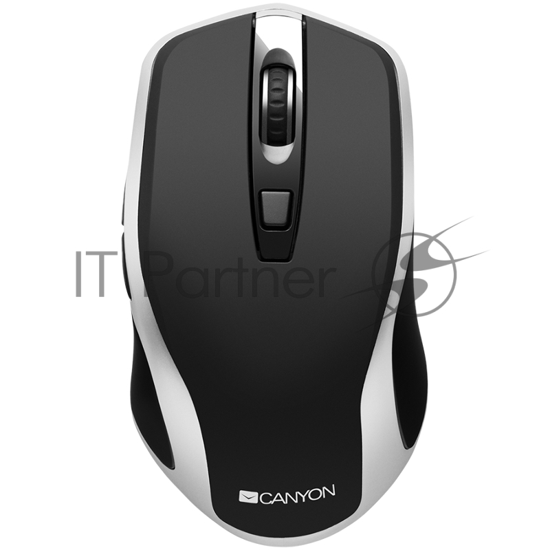 Мышь Canyon 2.4GHz Wireless Rechargeable Mouse with Pixart sensor, 6keys, Silent switch for right/left keys,DPI: 800/1200/1600, Max. usage 50 hours for one time full charged, 300mAh Li-poly battery, Black -Silver, cable length 0.6m, 121*70*39mm, 0.10