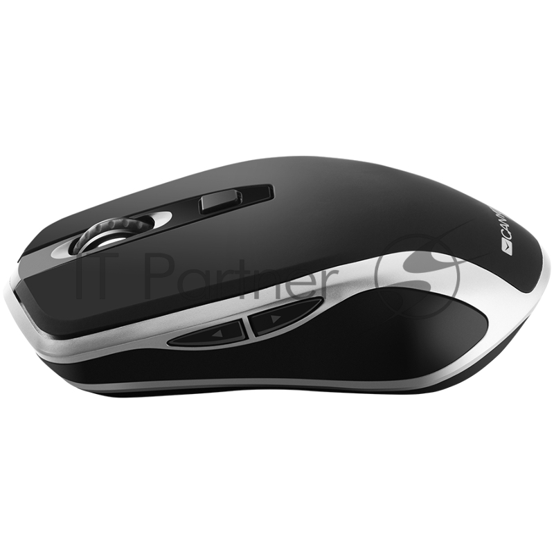 Мышь Canyon 2.4GHz Wireless Rechargeable Mouse with Pixart sensor, 6keys, Silent switch for right/left keys,DPI: 800/1200/1600, Max. usage 50 hours for one time full charged, 300mAh Li-poly battery, Black -Silver, cable length 0.6m, 121*70*39mm, 0.10