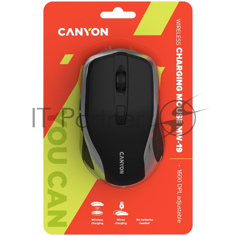 Мышь Canyon 2.4GHz Wireless Rechargeable Mouse with Pixart sensor, 6keys, Silent switch for right/left keys,DPI: 800/1200/1600, Max. usage 50 hours for one time full charged, 300mAh Li-poly battery, Black -Silver, cable length 0.6m, 121*70*39mm, 0.10