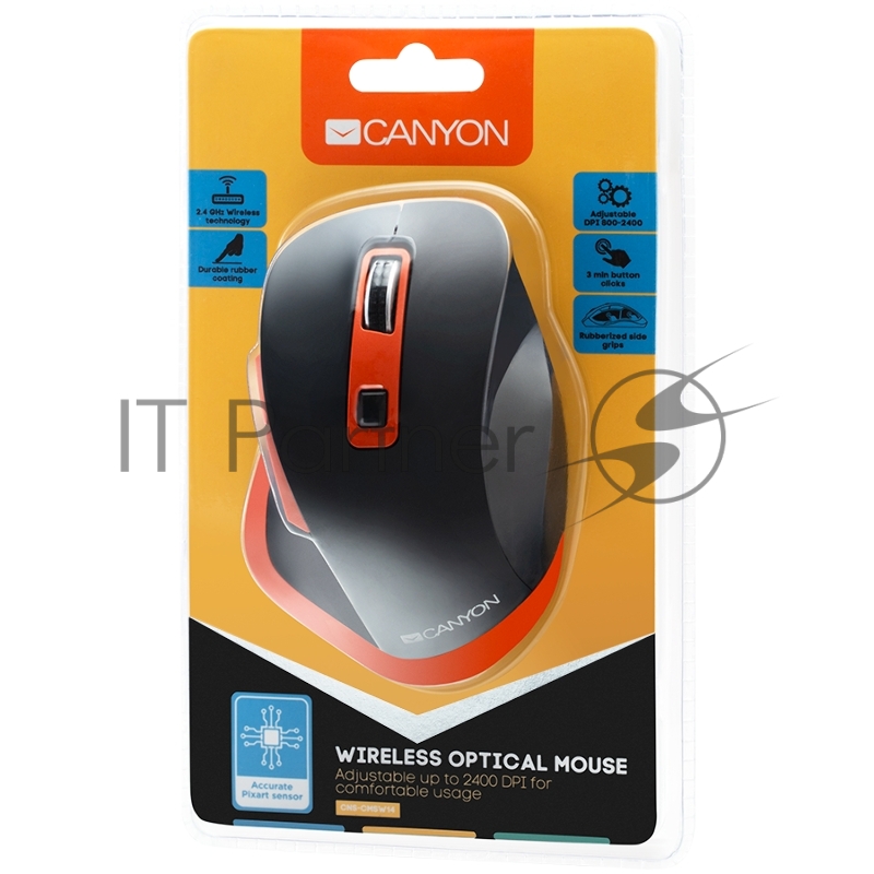 Мышь Canyon 2.4Ghz Wireless mouse, with 6 buttons,DPI 800/1200/1600/2000/2400,Batter pcs , Black-Orange119.6*81.1*43.3mm8