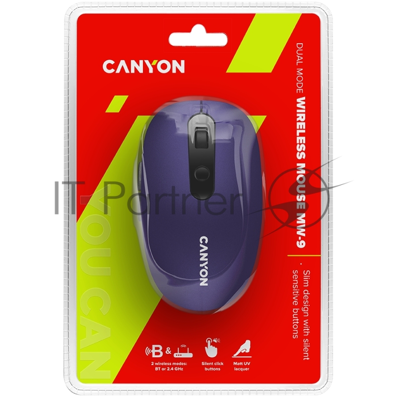 Мышь Canyon 2 in 1 Wireless optical mouse with 6 buttons, DPI 800/1000/1200/1500, 2 mode(BT/ 2.4GHz), Battery AA*1pcs, Violet, silent switch for right/left keys, 65.4*112.25*32.3mm, 0.092kg