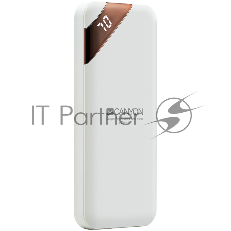 Мобильный аккумулятор CANYON Power bank 5000mAh Li-poly battery, Input 5V/2A, Output 5V/2.1A, with Smart IC and power display, White, USB cable length 0.25m, 115*50*12mm, 0.120Kg