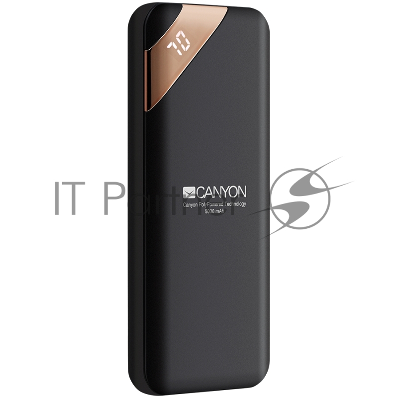 Мобильный аккумулятор CANYON Power bank 5000mAh Li-poly battery, Input 5V/2A, Output 5V/2.1A, with Smart IC and power display, Black, USB cable length 0.25m, 115*50*12mm, 0.120Kg