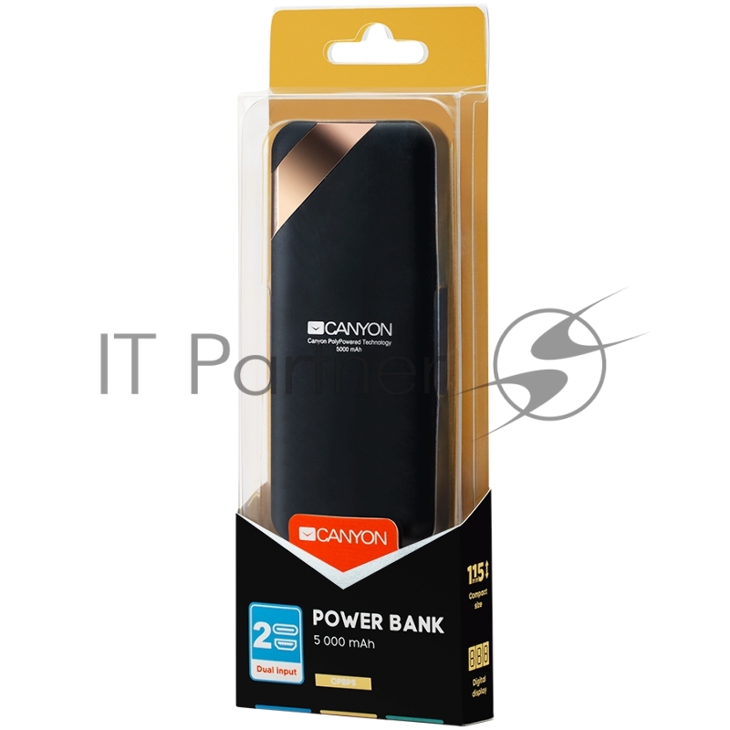 Мобильный аккумулятор CANYON Power bank 5000mAh Li-poly battery, Input 5V/2A, Output 5V/2.1A, with Smart IC and power display, Black, USB cable length 0.25m, 115*50*12mm, 0.120Kg