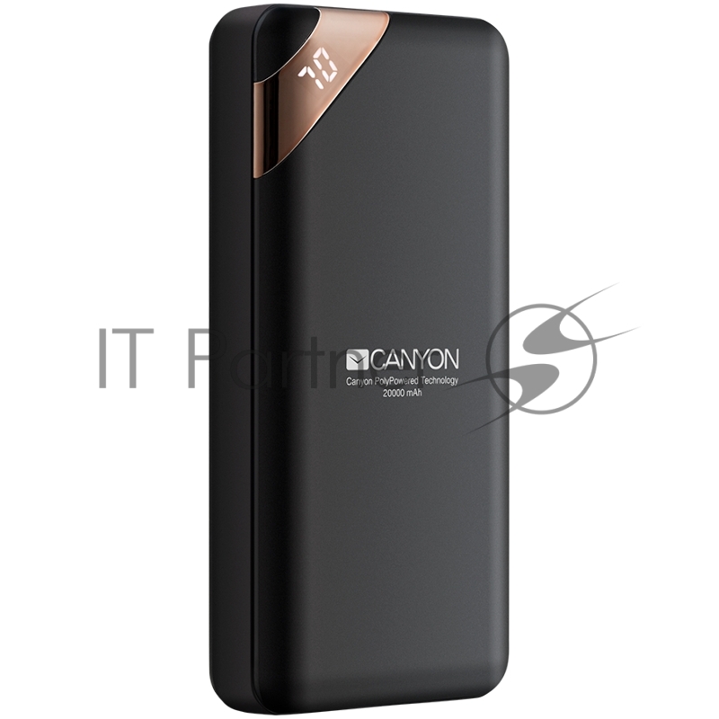 Мобильный аккумулятор CANYON Power bank 20000mAh Li-poly battery, Input 5V/2A, Output 5V/2.1A(Max), with Smart IC and power display, Black, USB cable length 0.25m, 137*67*25mm, 0.360Kg