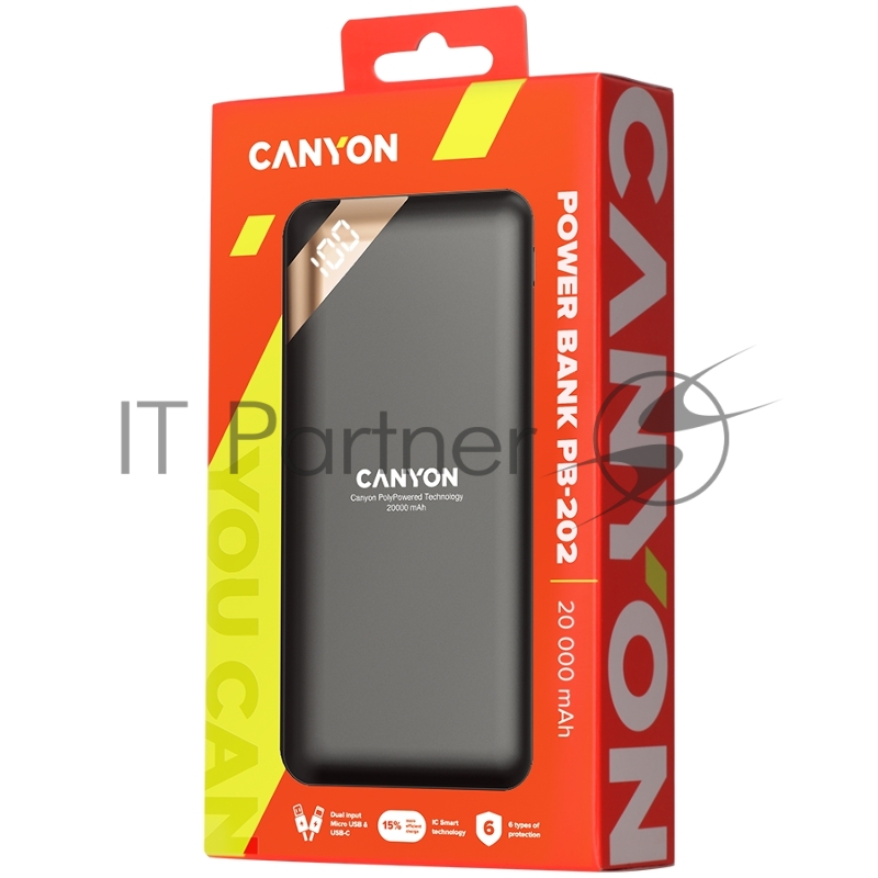 Мобильный аккумулятор CANYON Power bank 20000mAh Li-poly battery, Input 5V/2A, Output 5V/2.1A(Max), with Smart IC and power display, Black, USB cable length 0.25m, 137*67*25mm, 0.360Kg