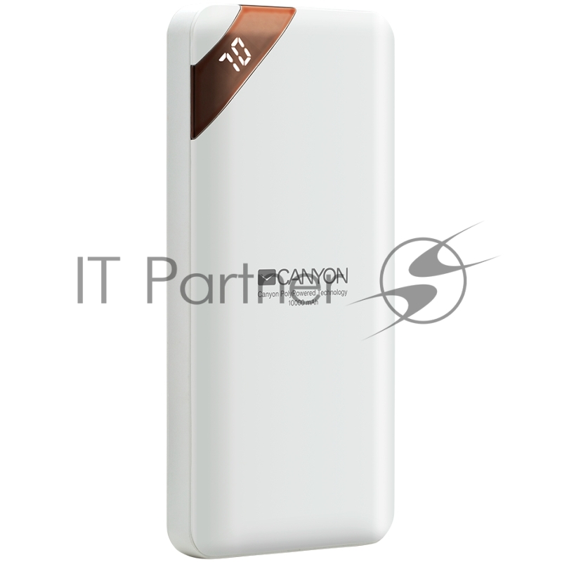 Мобильный аккумулятор CANYON Power bank 10000mAh Li-poly battery, Input 5V/2A, Output 5V/2.1A(Max), with Smart IC and power display, White, USB cable length 0.25m, 137*67*13mm, 0.230Kg