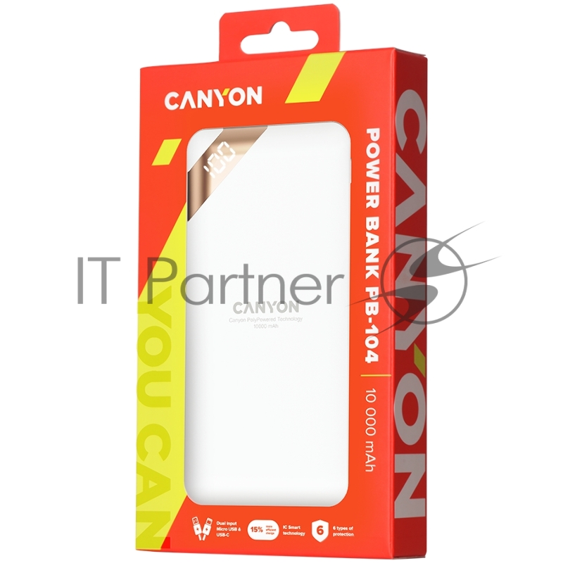 Мобильный аккумулятор CANYON Power bank 10000mAh Li-poly battery, Input 5V/2A, Output 5V/2.1A(Max), with Smart IC and power display, White, USB cable length 0.25m, 137*67*13mm, 0.230Kg