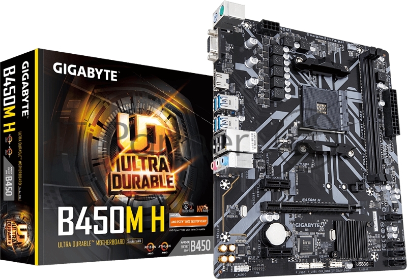Материнская плата Gigabyte B450M H, Socket AM4, AMD B450, 2xDDR4-2933, D-SUB+HDMI, 1xPCI-Ex16, 2xPCI-Ex1, 4xSATA3(RAID 0/1/10), 1xM.2, 8 Ch Audio, GLan, (2+4)xUSB2.0, (4+2)xUSB3.1, 2xPS/2, mATX, RTL {10}