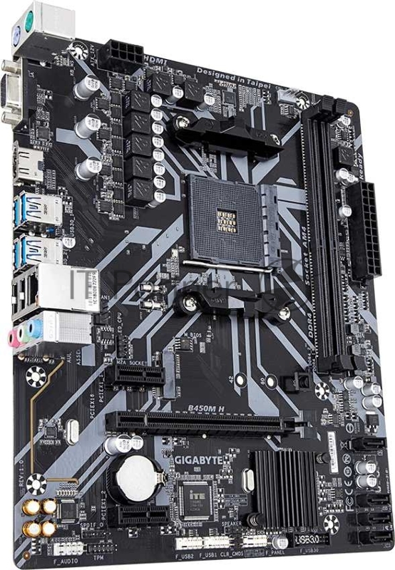 Материнская плата Gigabyte B450M H, Socket AM4, AMD B450, 2xDDR4-2933, D-SUB+HDMI, 1xPCI-Ex16, 2xPCI-Ex1, 4xSATA3(RAID 0/1/10), 1xM.2, 8 Ch Audio, GLan, (2+4)xUSB2.0, (4+2)xUSB3.1, 2xPS/2, mATX, RTL {10}