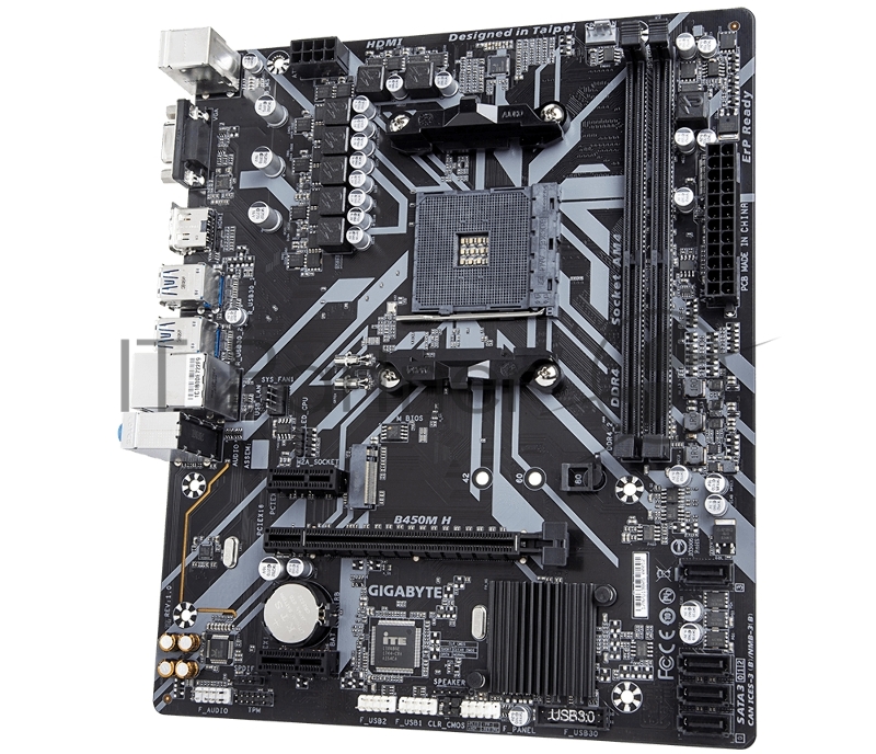 Материнская плата Gigabyte B450M H, Socket AM4, AMD B450, 2xDDR4-2933, D-SUB+HDMI, 1xPCI-Ex16, 2xPCI-Ex1, 4xSATA3(RAID 0/1/10), 1xM.2, 8 Ch Audio, GLan, (2+4)xUSB2.0, (4+2)xUSB3.1, 2xPS/2, mATX, RTL {10}