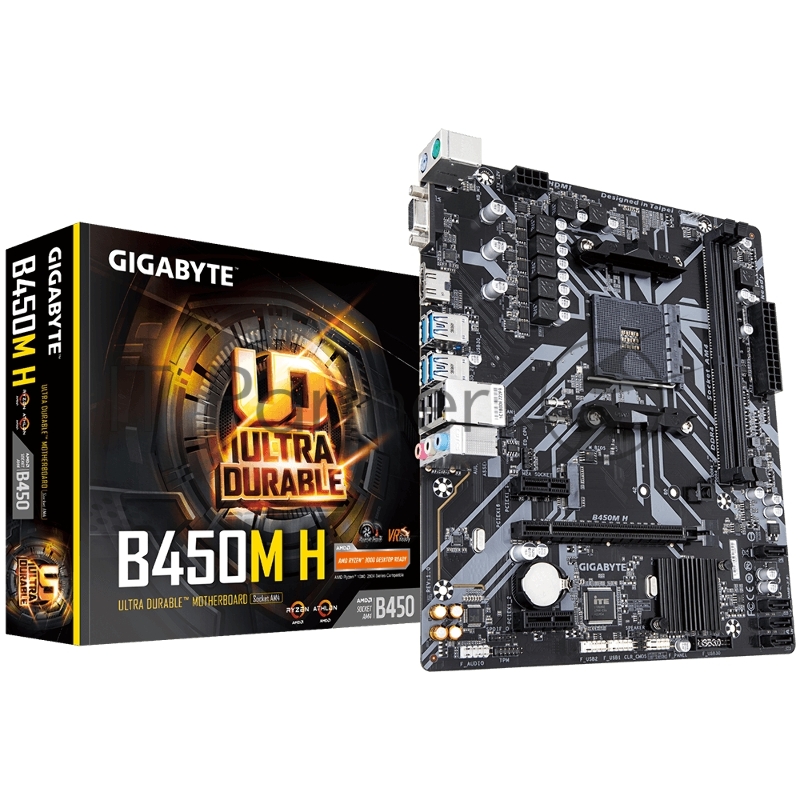 Материнская плата Gigabyte B450M H, Socket AM4, AMD B450, 2xDDR4-2933, D-SUB+HDMI, 1xPCI-Ex16, 2xPCI-Ex1, 4xSATA3(RAID 0/1/10), 1xM.2, 8 Ch Audio, GLan, (2+4)xUSB2.0, (4+2)xUSB3.1, 2xPS/2, mATX, RTL {10}