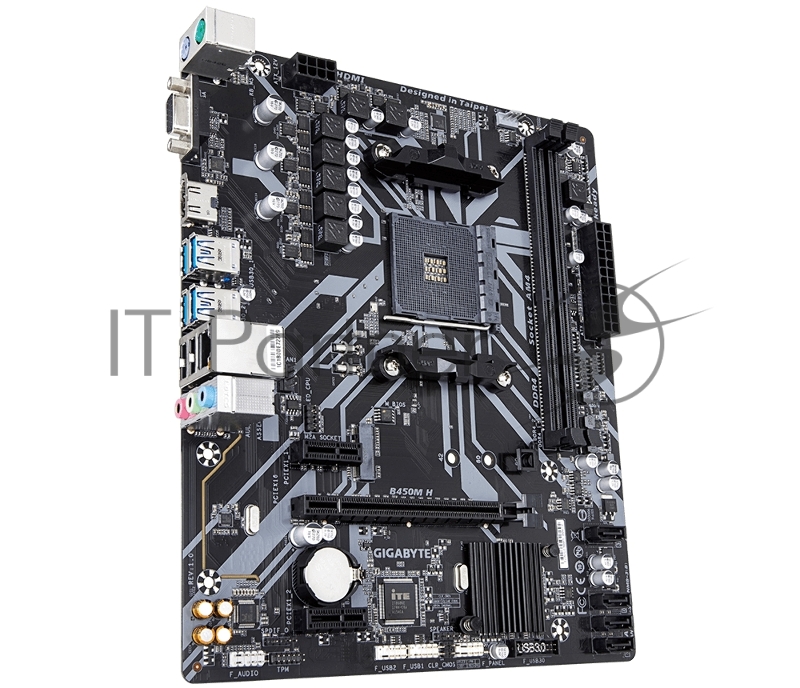 Материнская плата Gigabyte B450M H, Socket AM4, AMD B450, 2xDDR4-2933, D-SUB+HDMI, 1xPCI-Ex16, 2xPCI-Ex1, 4xSATA3(RAID 0/1/10), 1xM.2, 8 Ch Audio, GLan, (2+4)xUSB2.0, (4+2)xUSB3.1, 2xPS/2, mATX, RTL {10}