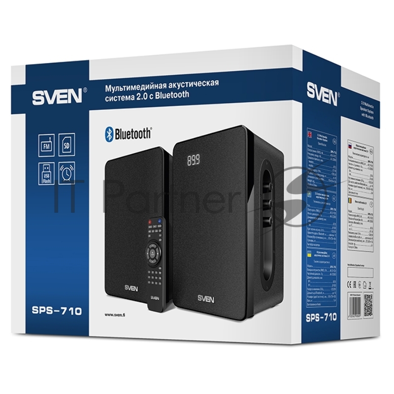 Колонки SVEN SPS-710 2.0 чёрные (2x20Вт (RMS), FM-тюнер, USB/SD, дисплей, пульт ДУ, Bluetooth)