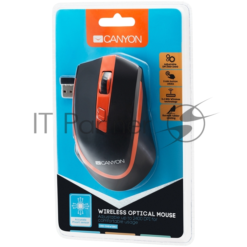 Мышь Canyon 2.4 GHz Wireless mouse ,with 6 buttons, DPI 800/1200/1600/2000/2400, Battery:AAA*2pcs ,Black-Orange 77.4*120.6*40.5mm 79g,