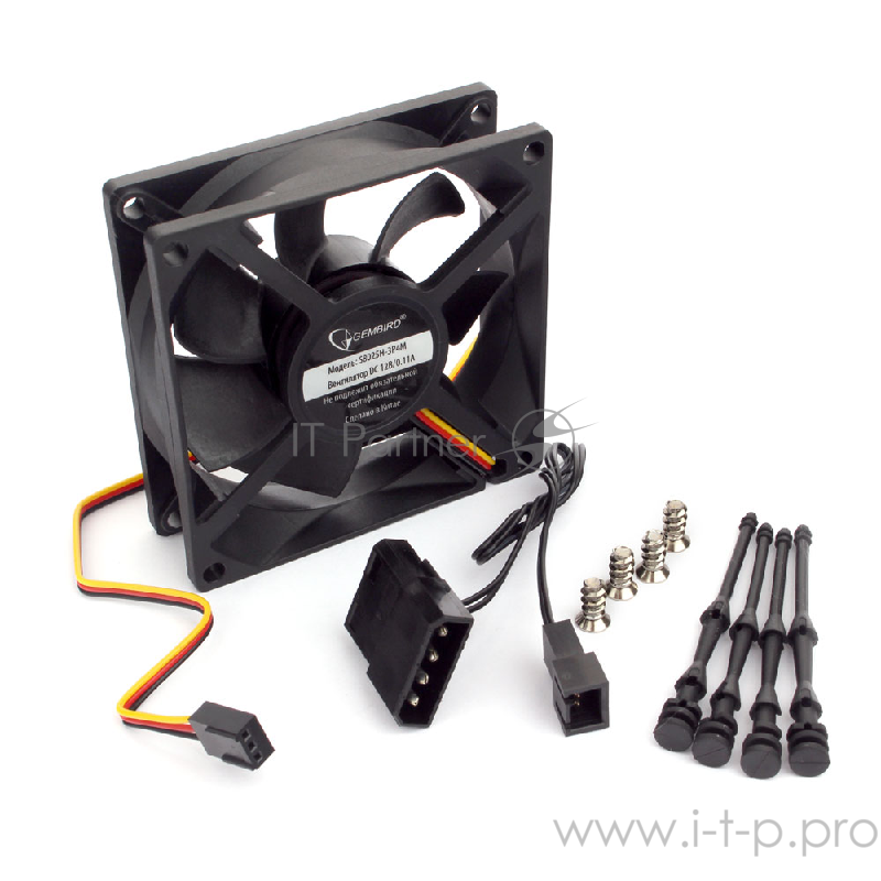 Вентилятор Gembird, 80x80x25, тихий, 3 pin/4pin Molex, провод 30 см