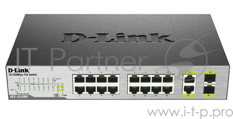 Коммутатор D-Link DES-1018MP/E, L2 Unmanaged Switch with 16 10/100Base-TX ports and 2 100/1000Base-T/SFP combo-ports (16 PoE ports 802.3af (15,4 W), PoE Budget 246,4 W).8K Mac address, Auto-sensing, 802.3x Flo