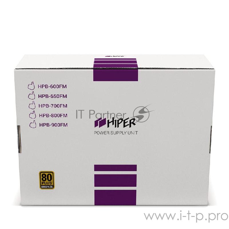 блок питания для ПК 800 Ватт PSU HIPER HPB-800FM (ATX 2.31, 800W, ActivePFC, 140mm fan, Full-modular, Black) BOX
