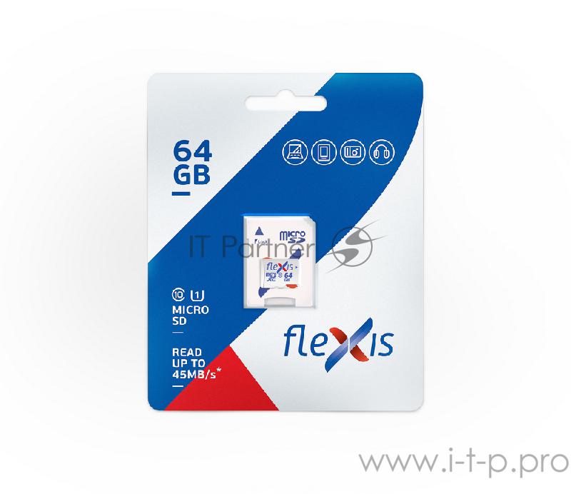 Карта памяти Flexis microSDXC 64GB class10 U1 R/W 92/40 MB/s with adapter, made in Russia