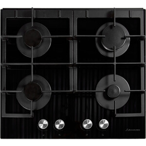 Встраиваемые газовые панели 60 см, газовая, независимая, закаленное стекло, автоподжиг, газ-контроль, жиклёры для баллонного газа, чугунные решетки, цвет черный/ручки цвета нержавеющая сталь