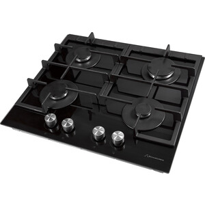 Встраиваемые газовые панели 60 см, газовая, независимая, закаленное стекло, автоподжиг, газ-контроль, жиклёры для баллонного газа, чугунные решетки, цвет черный/ручки цвета нержавеющая сталь