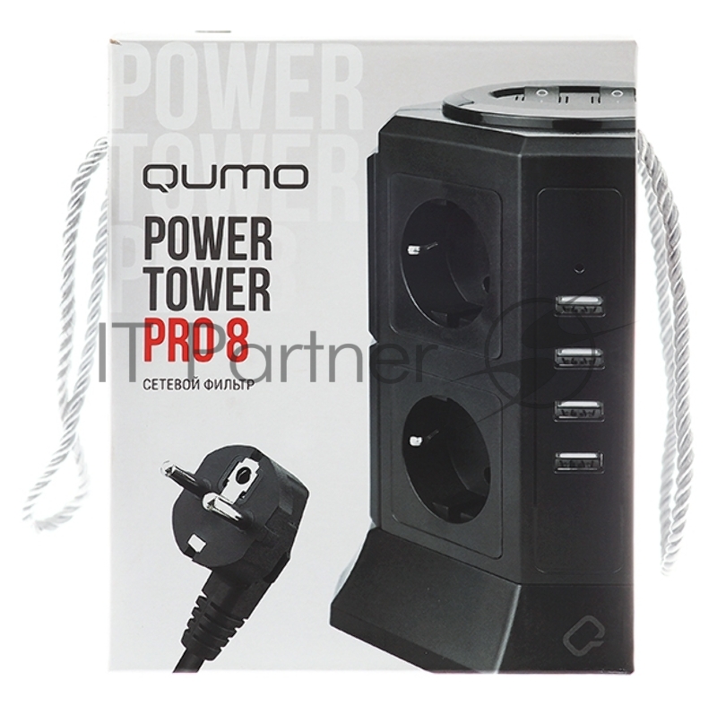 Сетевой фильтр Qumo Power Tower Pro 8SP4U (P-0002), 8 розеток, 2200 Вт, 10A, кабель 2м 3*1 мм чистая медь, пожаробезопасный пластик, евровилка, 4 USB порта 4.5A суммарно