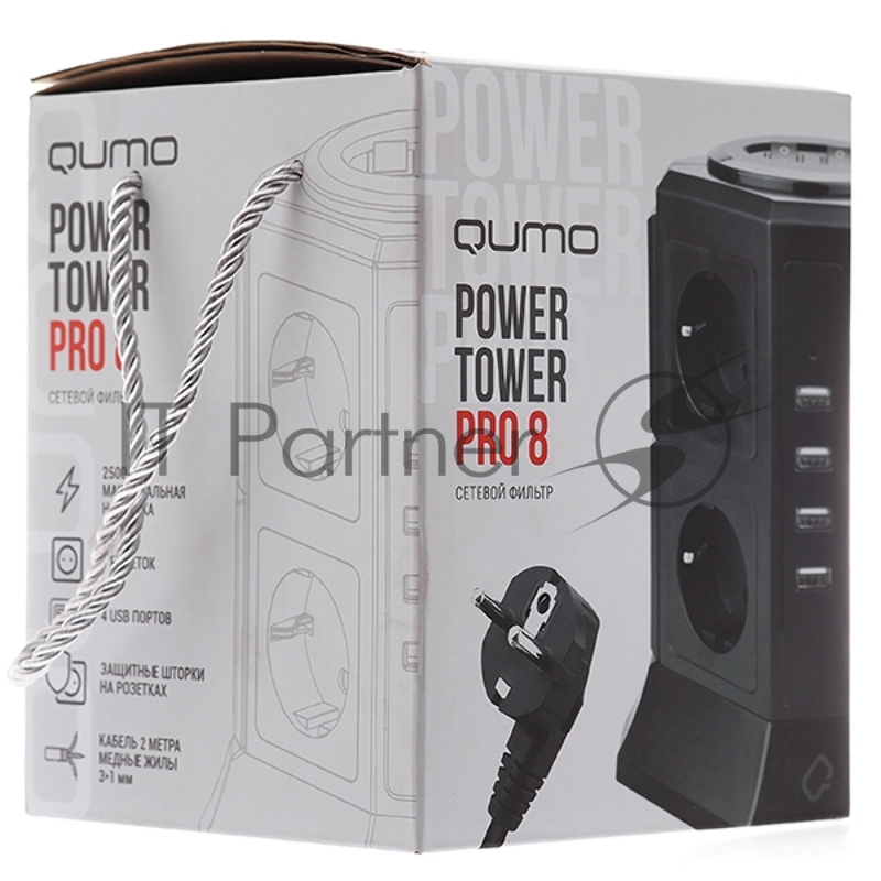 Сетевой фильтр Qumo Power Tower Pro 8SP4U (P-0002), 8 розеток, 2200 Вт, 10A, кабель 2м 3*1 мм чистая медь, пожаробезопасный пластик, евровилка, 4 USB порта 4.5A суммарно