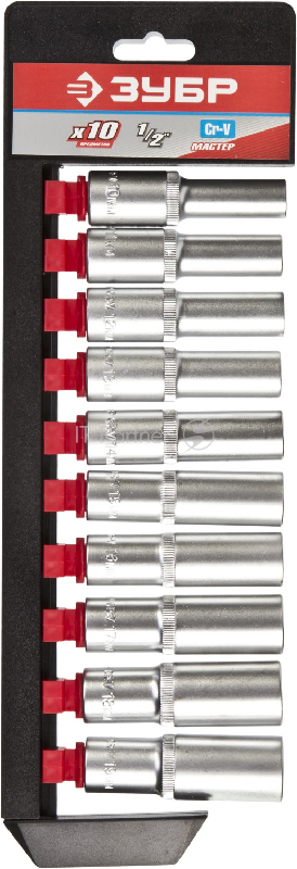Набор ЗУБР МАСТЕР 27653-H10 (1/2) удлиненные на пластиковом рельсе. Cr-V. 10-19мм. 10 предметов