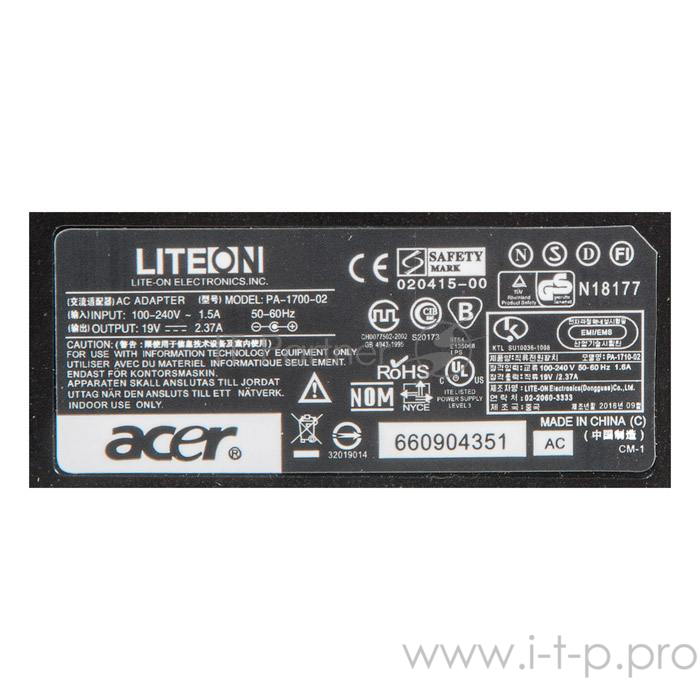 блок питания для ноутбука Acer 19V, 2.37А, 45W, 3.0x1.1 с кабелем