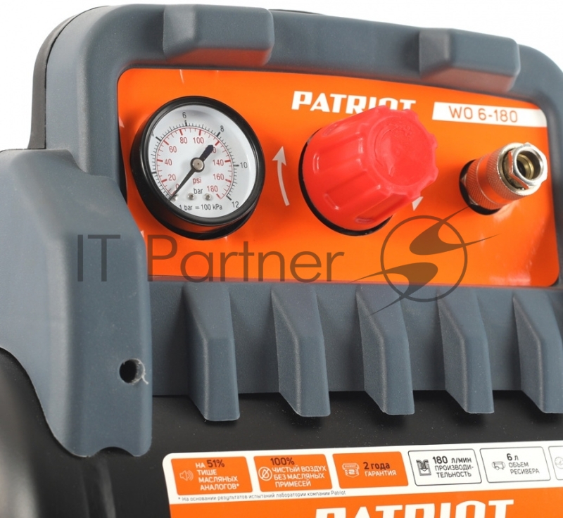 Компрессор поршневой Patriot WO 6-180 безмасляный 180л/мин 6л 1100Вт черный/оранжевый