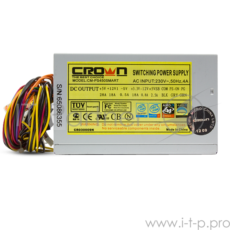 Блок питания CROWN CM-PS450W smart (20+4in, 120mm FAN, SATA*2, PATA(big Molex)*4, FDD*1, 4+4pin, Lines 1x12V OEM