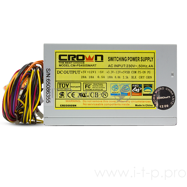 Блок питания CROWN CM-PS450W smart (20+4in, 120mm FAN, SATA*2, PATA(big Molex)*4, FDD*1, 4+4pin, Lines 1x12V OEM