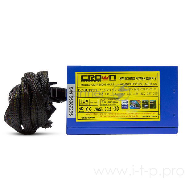 Блок питания CROWN CM-PS500W smart (20+4in, 140mm FAN, SATA*4, PATA(big Molex)*4, FDD*1, 4+4pin, 6pin PCI-E*1, Lines 2x12V OEM)