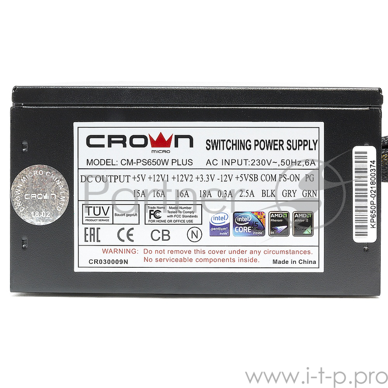Блок питания CROWN CM-PS650W PLUS (ATX 650W, EMI/CE, 20+4in 450mm, 140mm red LED FAN, SATA*4, IDE*4, FDD*1, 4+4pin, 6+2pin PCI-E*1, кабель питания 1.2м, картонная упаковка)
