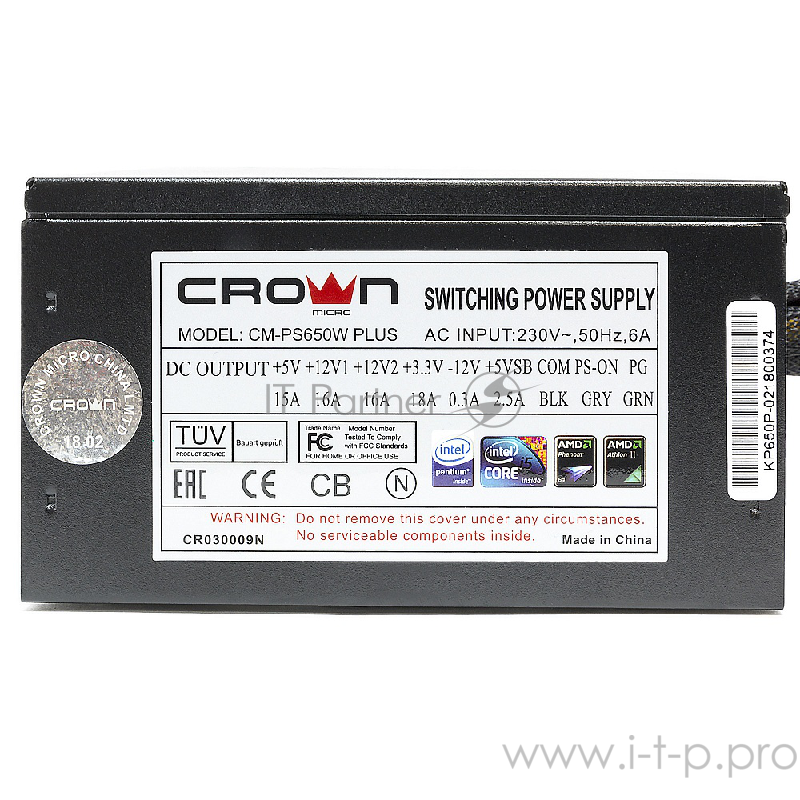 Блок питания CROWN CM-PS650W PLUS (ATX 650W, EMI/CE, 20+4in 450mm, 140mm red LED FAN, SATA*4, IDE*4, FDD*1, 4+4pin, 6+2pin PCI-E*1, кабель питания 1.2м, картонная упаковка)