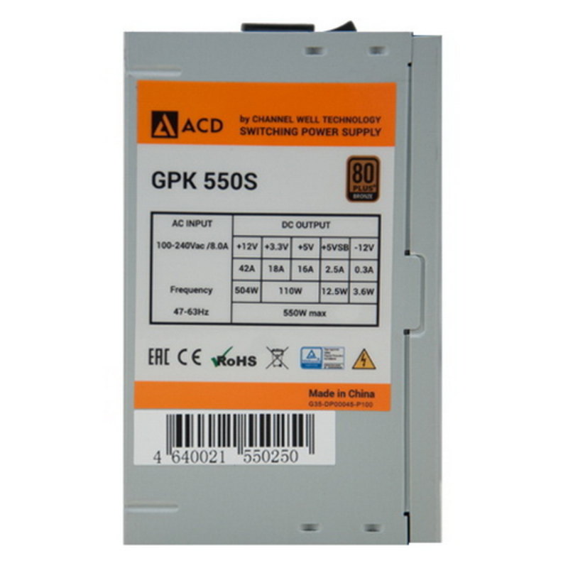 Блок питания ATX GPK550S (GPK-550S) ACD by CWT GPK ACD, 550W, 80+ Bronze, 120mm FAN, PCIE 6+2PIN*1, RTL {6}