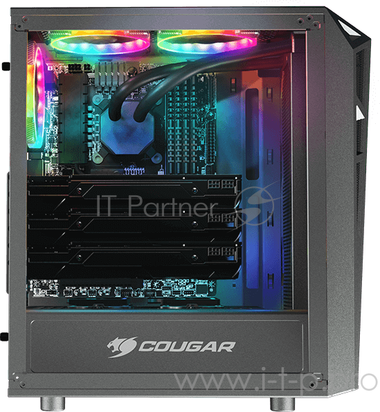 Корпус Cougar 385QMY0.0003 Turret RGB, без БП, большое боковое окно из закалённого стекла, чёрный, ATX