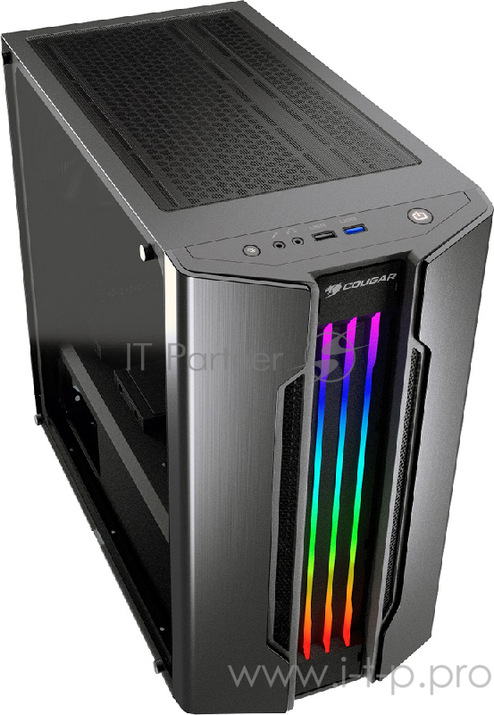Cougar Gemini M игровой корпус серо-стальной (без БП, Mini ITX / Micro ATX, RGB LED, закаленное стекло, fan 1 x120 мм, 1 x USB 2.0, 2 x USB 3.0, audio)