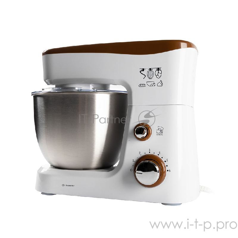 Миксер стационарный Endever Sigma-26, 1000 Вт., планетарный, многофункциональный, стальная чаша 3,5 л., регулировка скорости, белый/коричневый