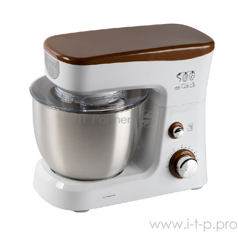 Миксер стационарный Endever Sigma-26, 1000 Вт., планетарный, многофункциональный, стальная чаша 3,5 л., регулировка скорости, белый/коричневый