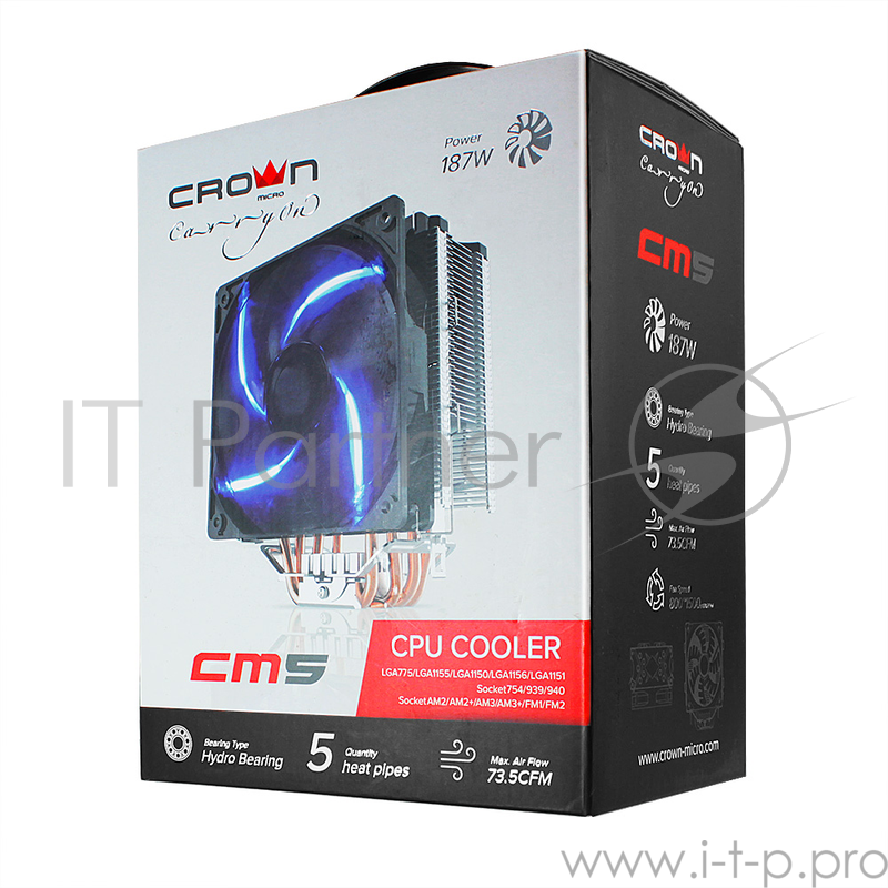 вентилятор CROWN Кулер для процессора CM-5 (Для Intel и AMD,TDP до 187 Ватт,5шт. теплопроводных трубок,Синяя светодиодная подсветка,Гидродинамическии? подшипник,Размер: 148*126*85 мм)