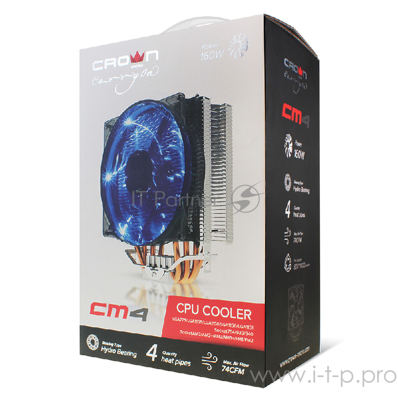 вентилятор CROWN Кулер для процессора CM-4 (Для Intel и AMD,TDP до 160 Ватт,4шт. теплопроводных трубок, Гидродинамическии? подшипник,Размер: 154*124*84 мм)
