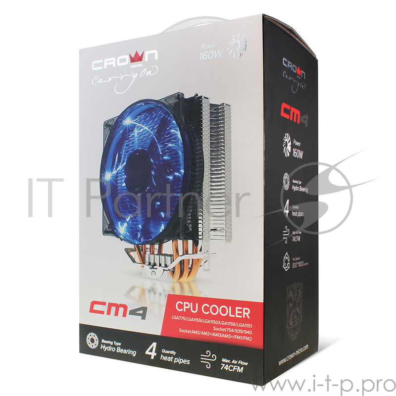 вентилятор CROWN Кулер для процессора CM-4 (Для Intel и AMD,TDP до 160 Ватт,4шт. теплопроводных трубок, Гидродинамическии? подшипник,Размер: 154*124*84 мм)